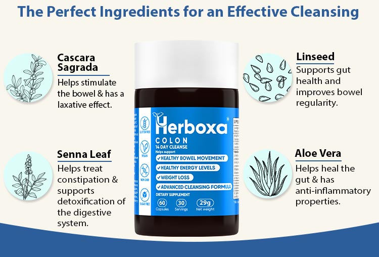 Herboxa Colon ingredients: Cascara Sagrada, Senna leaf, Linseed, Aloe vera