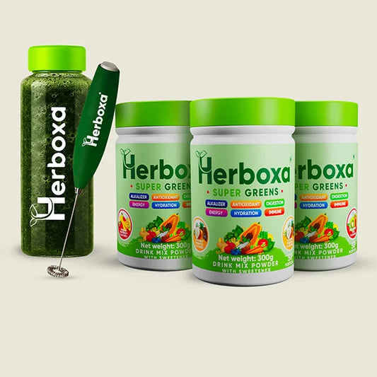 Herboxa Super Greens powder with peach flavor, supports hydration, immunity, energy, and digestion.
